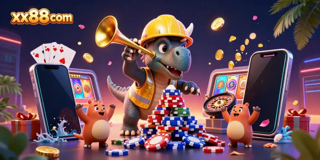 Celebrate wins at xx88 com with a lively 3D casino scene featuring dinosaurs building poker chip pyramids