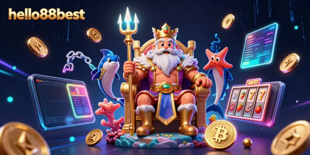 Join the excitement of hello88best with Neptune, vibrant casino elements, and crypto coins!