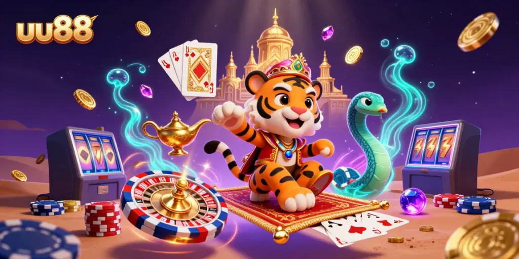 Experience thrilling gameplay at uu88 with a vibrant casino scene featuring a tiger sultan, golden coins, and poker chips.