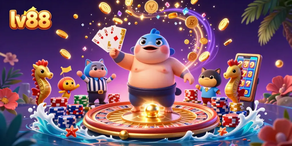 Spin to win at lv88 with exciting games featuring underwater characters in a lively casino scene.