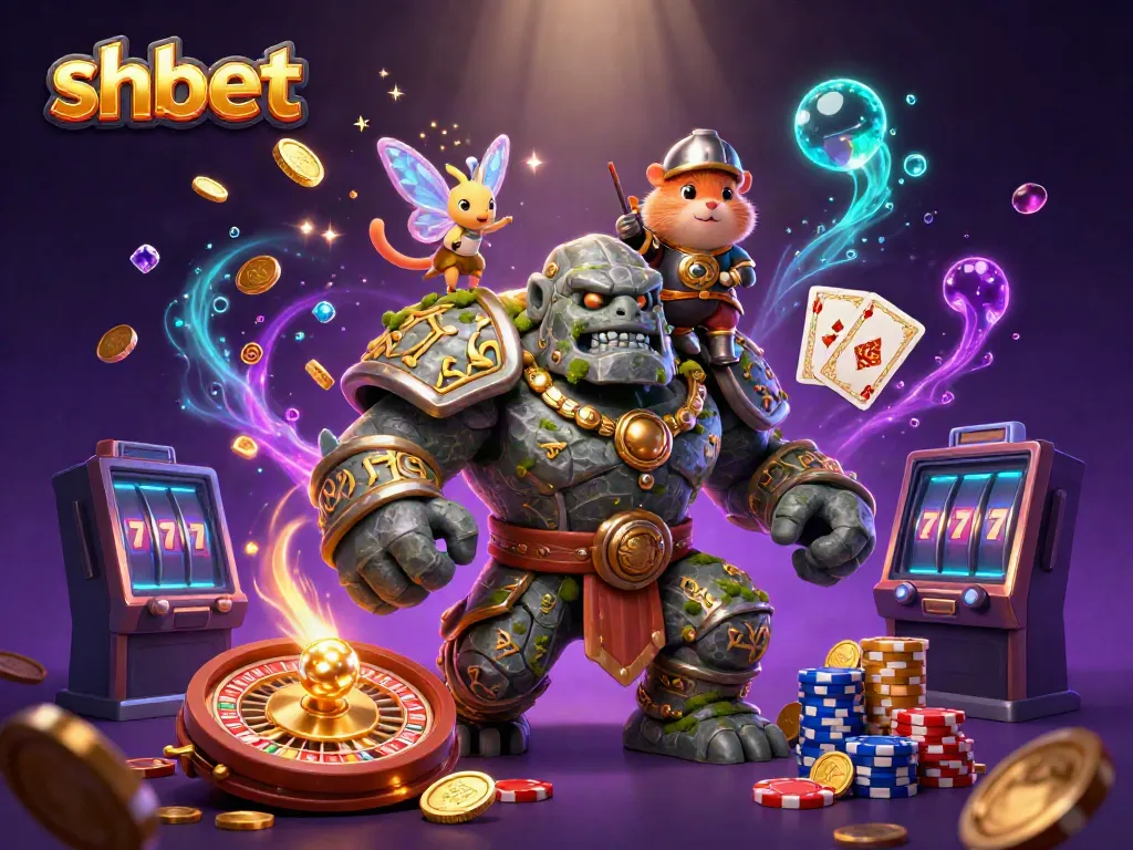 Experience the excitement of shbet with a magical golem, fairy, and hamster knight in a vibrant casino scene.
