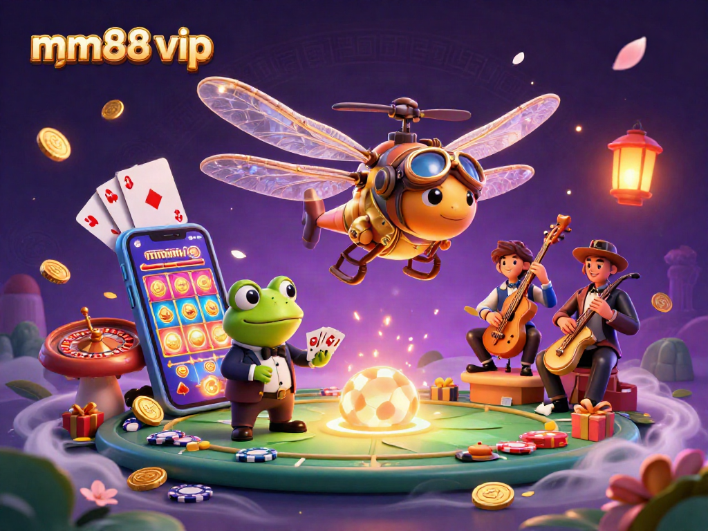 Spin vibrant games and win at mm88 vip in a lively 3D casino illustration.