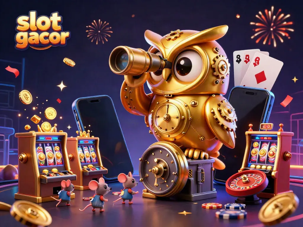 Experience thrilling slot gacor moments with a clockwork owl and vibrant casino scene.