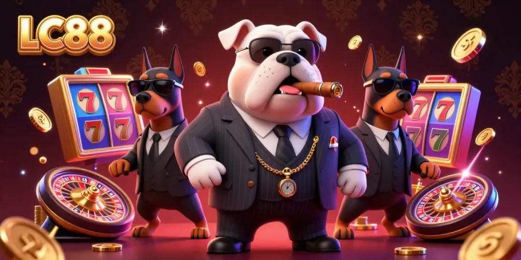 Engage with LC88's thrilling slot experience featuring a mafia bulldog in a dynamic casino setting.