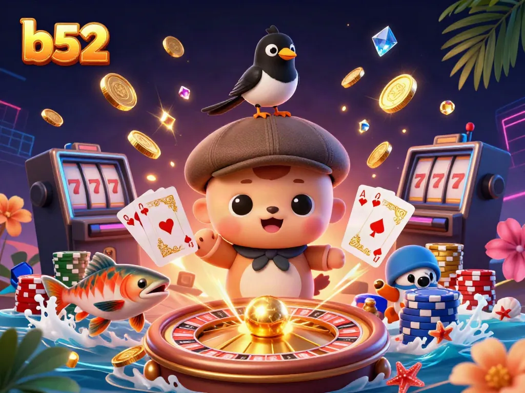 Engage with b52 – a vibrant casino scene featuring a playful baby Nessie and golden treasures.