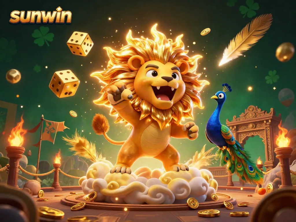 Engage in exciting gameplay at sunwin, featuring a roaring sun lion, golden dice, and vibrant casino elements.