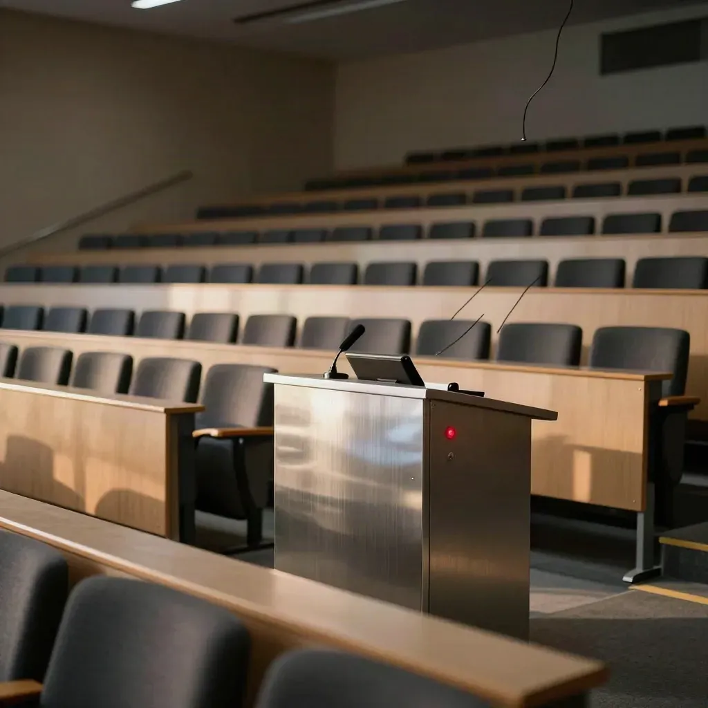 Pusta aula wykładowa z mównicą i czerwoną kontrolką przed startem transmisji.