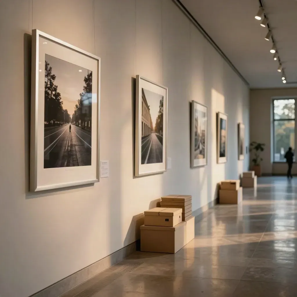Galeria zdjęć na kampusie z ramkami, pudełkami archiwalnymi i odbiciami na posadzce.