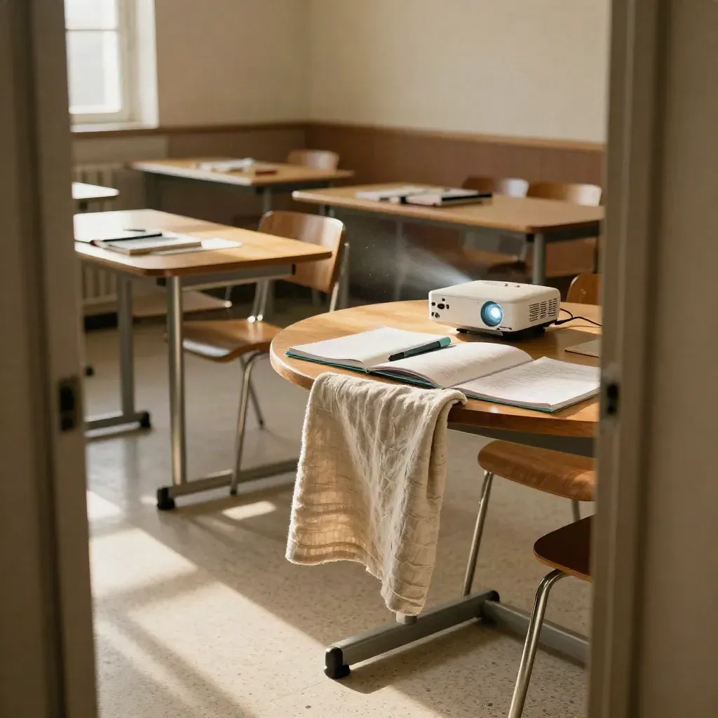 Sala seminaryjna z okrągłymi stołami, zamkniętymi materiałami i światłem projektora.