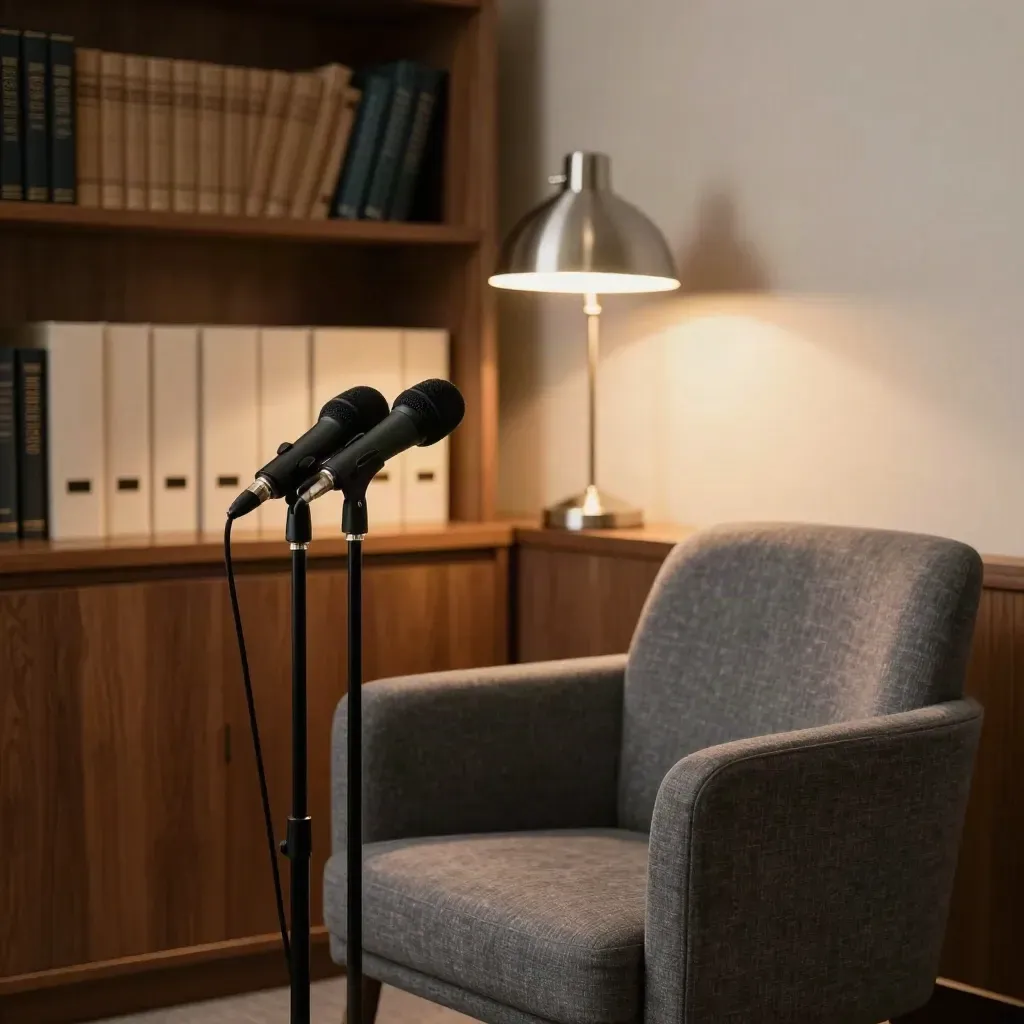 Puste studio wywiadu w gabinecie badawczym: mikrofony, fotel i lampka przy regale.