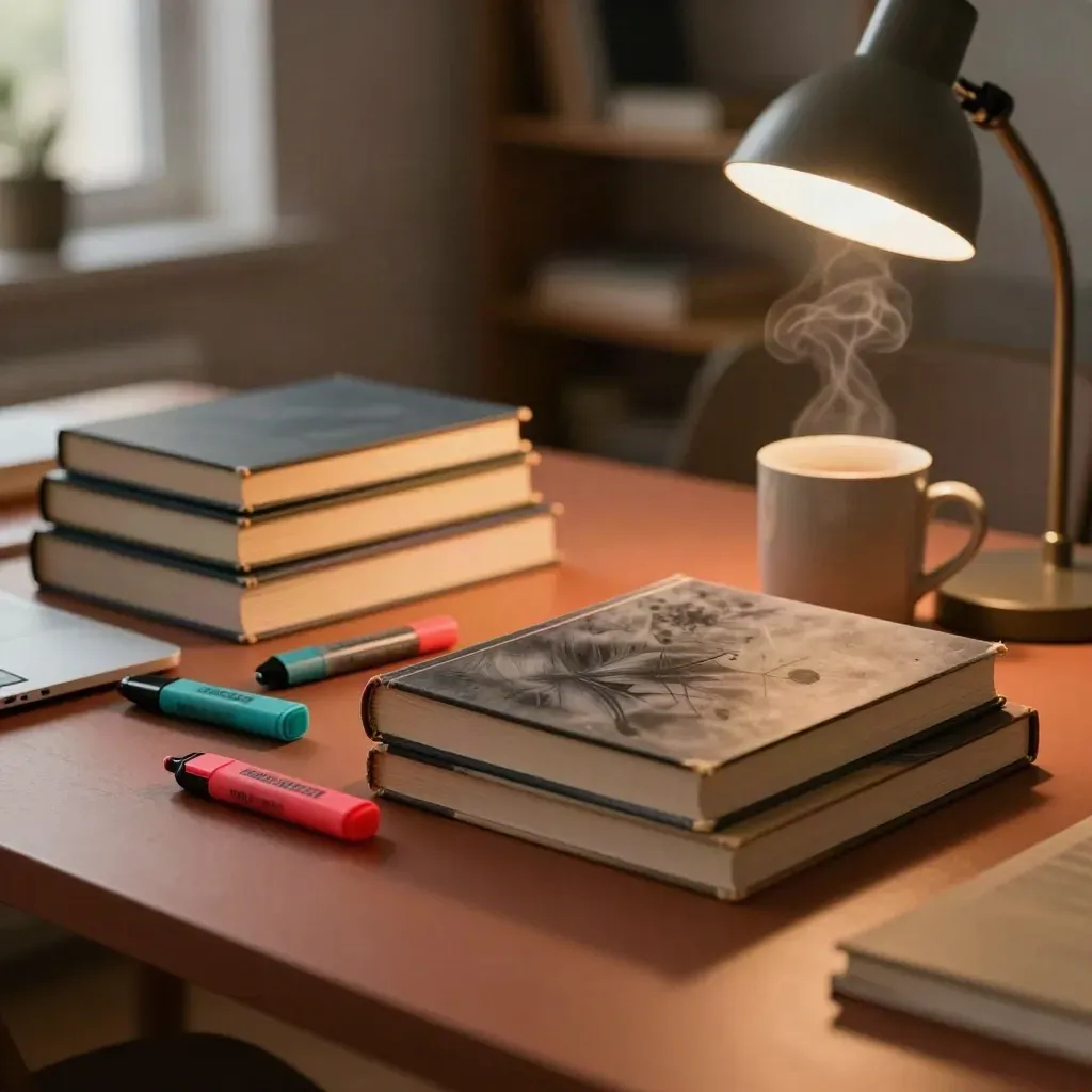 Stos książek, zamknięty laptop, zakreślacze i kubek przy lampce na stole