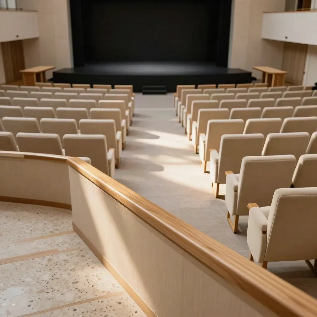 Pusta sala konferencyjna widziana z balkonu, z rzędem krzeseł i podświetloną sceną.