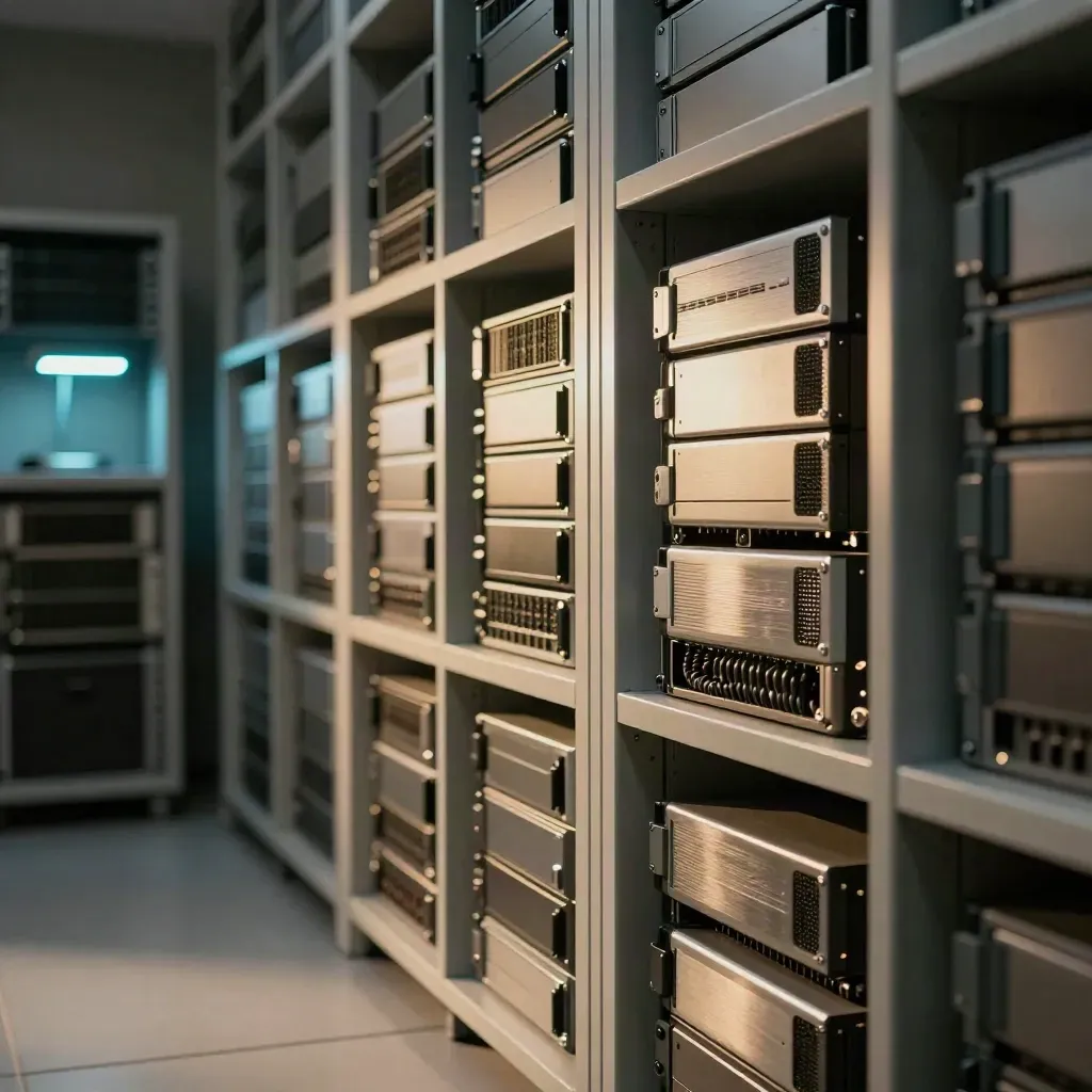 Archiwum z półkami nośników, dysków i lampką tnącą ciemność cyjanowym blaskiem.