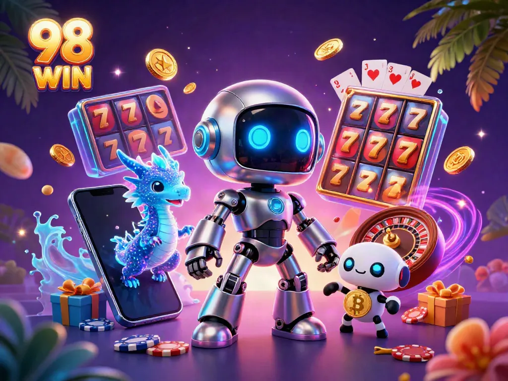 Engage with 98 WIN’s vibrant casino scene featuring a dynamic robot mascot amidst exciting slot games.