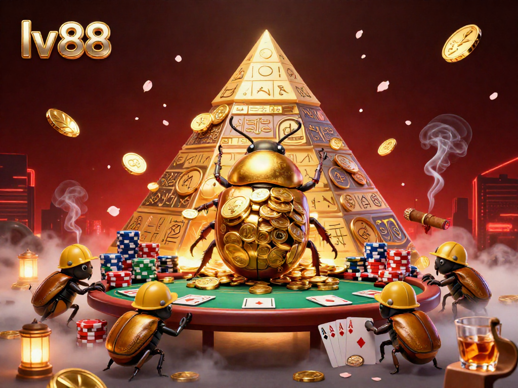 Engage with the vibrant world of lv 88 as a golden beetle rolls coins in a dynamic casino scene.