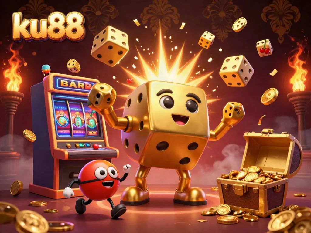Experience excitement at ku88 with a golden dice golem and a vibrant casino environment.