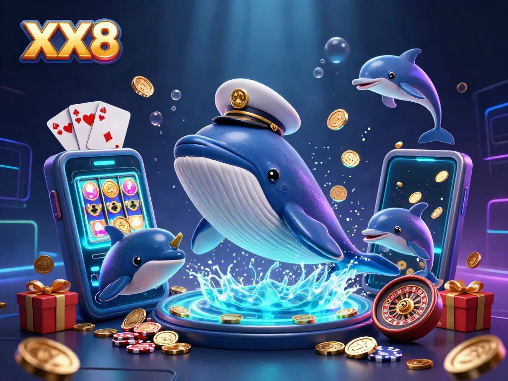 Engage in the exciting world of XX8 casino gaming, featuring playful dolphins and a vibrant whale amidst a treasure of coins.