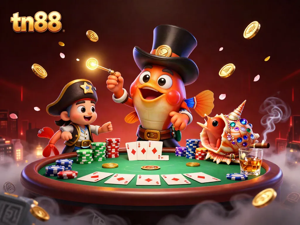 Win big with tn88 at the online casino, featuring a dazzling anglerfish and surrounded by poker elements.