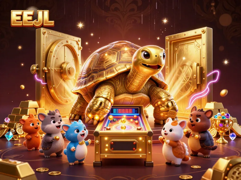 Experience thrilling gameplay at EEJL featuring a giant tortoise pinball machine set in a vibrant casino scene.