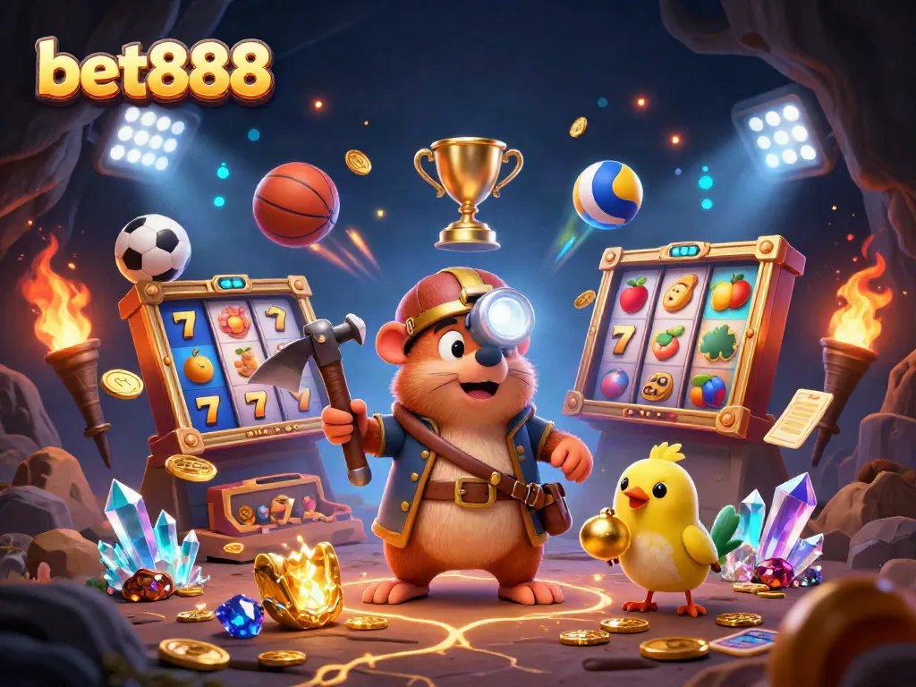 Bet888 engages players in a vibrant 3D casino scene with golden treasures and dynamic slots.