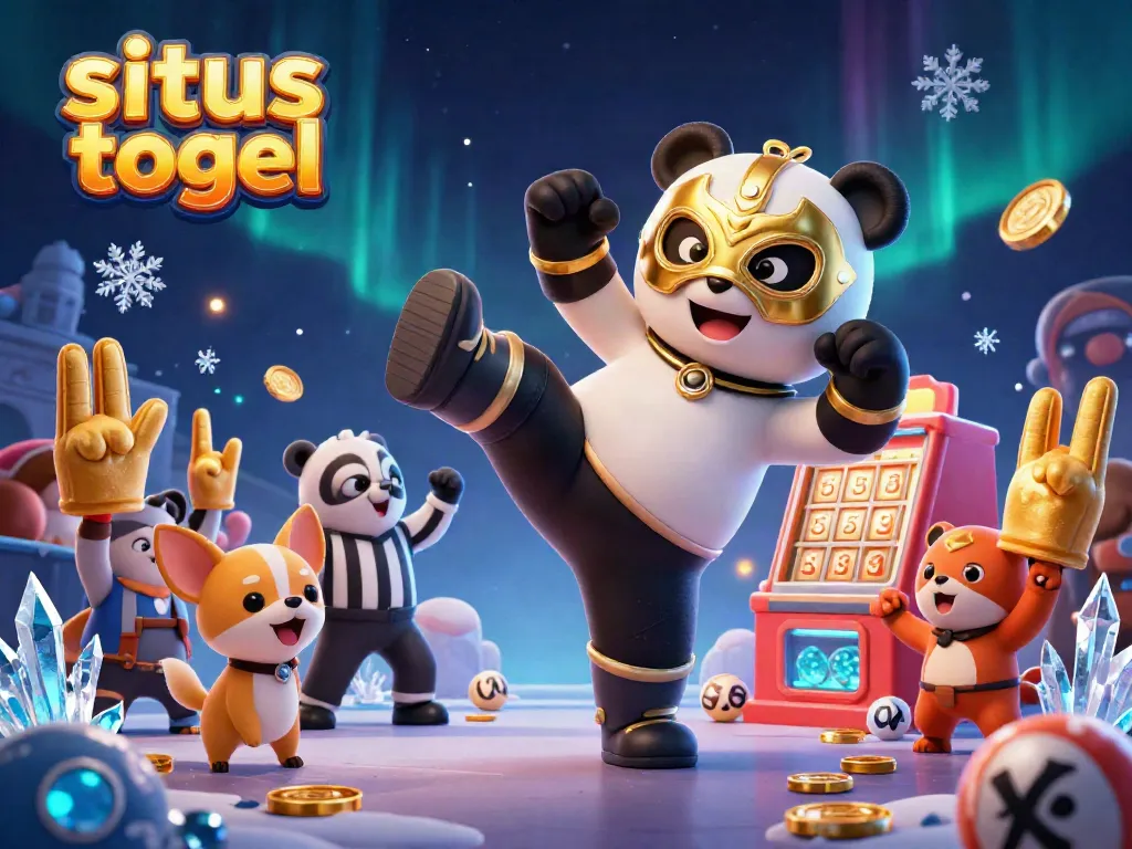Experience thrilling gameplay at situs togel with a 3D panda wrestler in action amidst vibrant lottery elements.