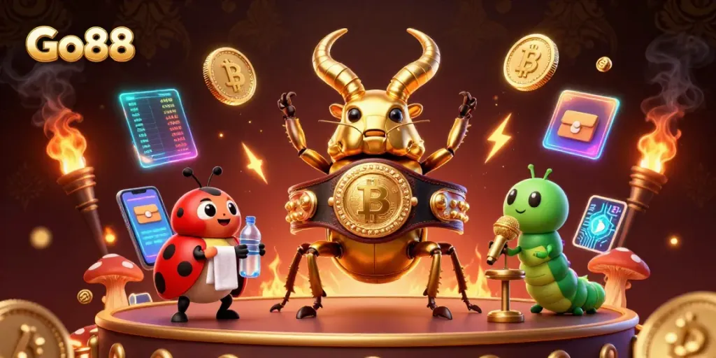 Engage in exciting Go88 gameplay with a 3D cartoon illustration featuring a boxing beetle and crypto elements.