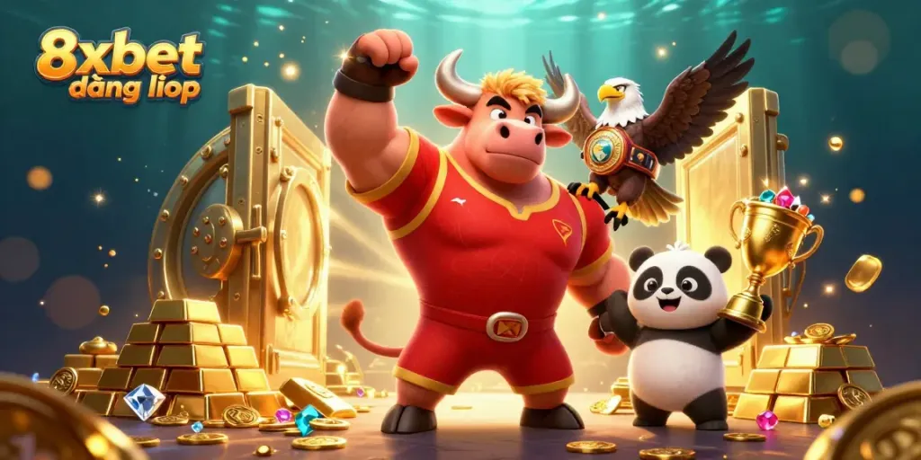 Experience the excitement of gaming with 8xbet đăng nhập, featured with vibrant mascots and dynamic casino elements.