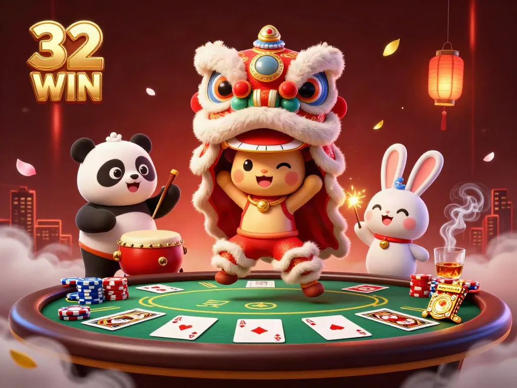 Join the fun at 32 WIN with a vibrant lion dance scene, showcasing poker excitement and festive decorations.