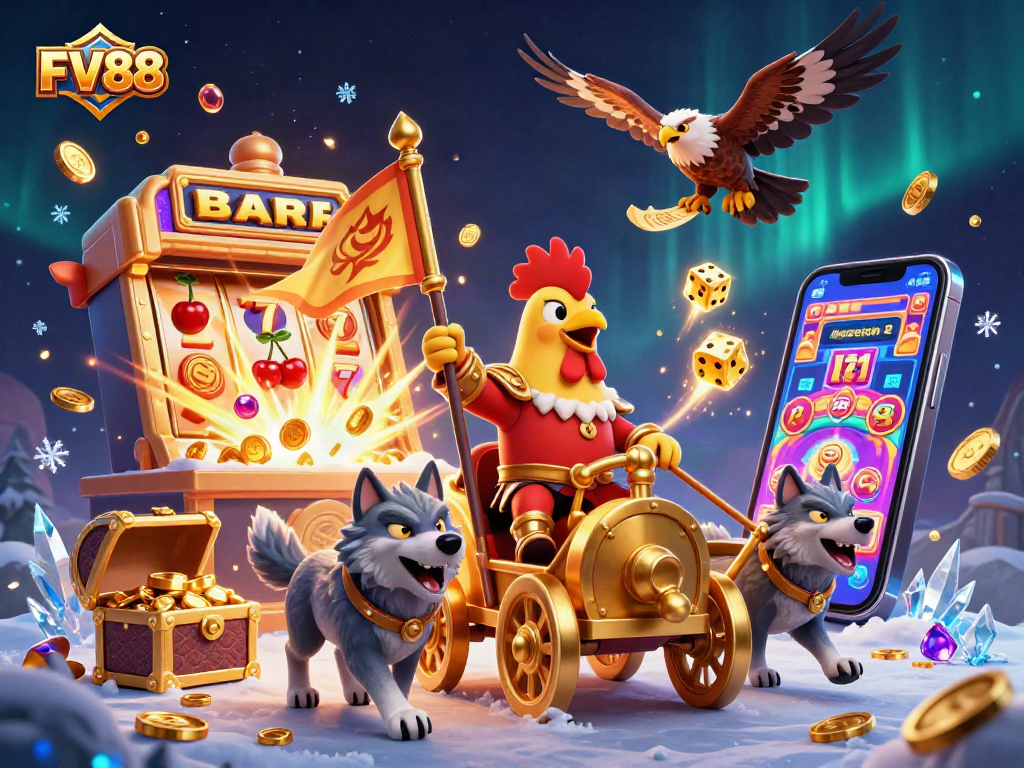 Experience the thrilling FV88 gaming scene with a dynamic rooster warlord, jackpot symbols, and golden treasures.