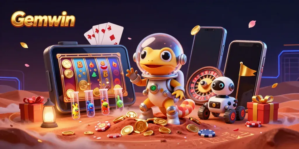 Experience Gemwin's vibrant Martian casino adventure with animated characters and exciting game elements.