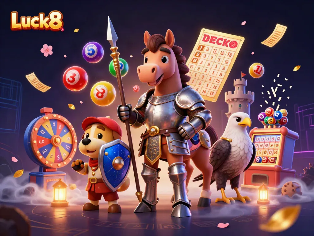 Engage with Luck8's thrilling casino atmosphere featuring knights and lively lottery elements.