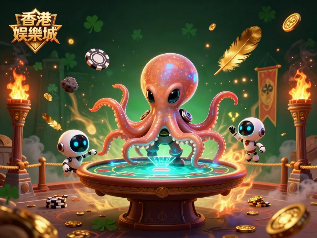 Experience excitement at 香港娛樂城 with a vibrant scene of a cartoon octopus and robot at a poker table.