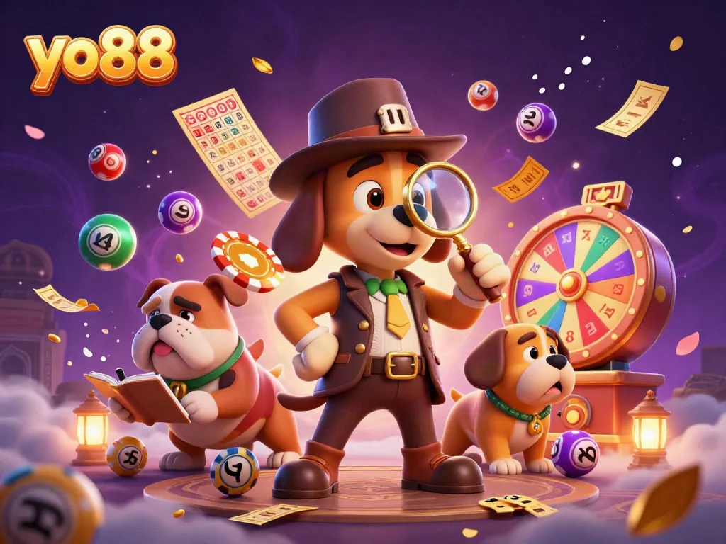 Engage with yo88's thrilling gaming scene featuring a detective and bulldog amidst festive casino elements.