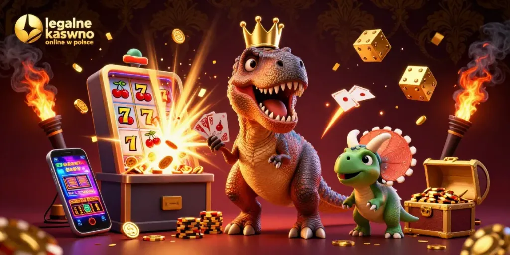 Engage in thrilling gaming action at legalne kasyno online w polsce with animated characters amidst vibrant casino elements.