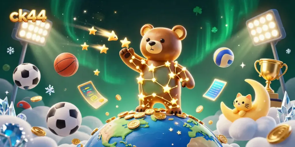 Experience the excitement of ck44 as a constellation bear scoops coins, surrounded by vibrant casino elements.