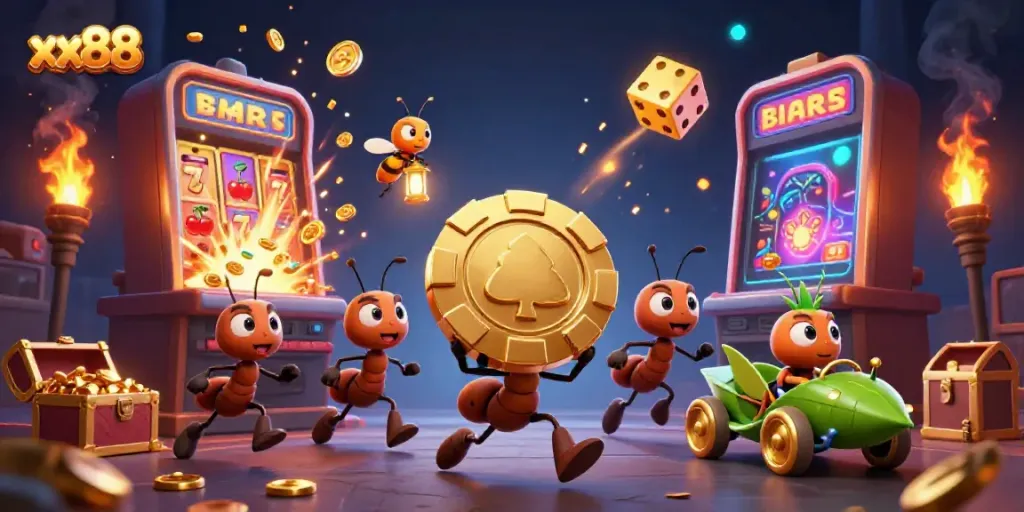 xx88 team of cartoon ants heisting a giant poker chip, surrounded by casino elements and vibrant effects