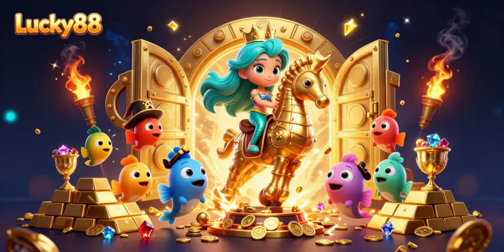Engaging Lucky88 themed scene featuring a mermaid princess and golden seahorse surrounded by treasure and vibrant sea life.