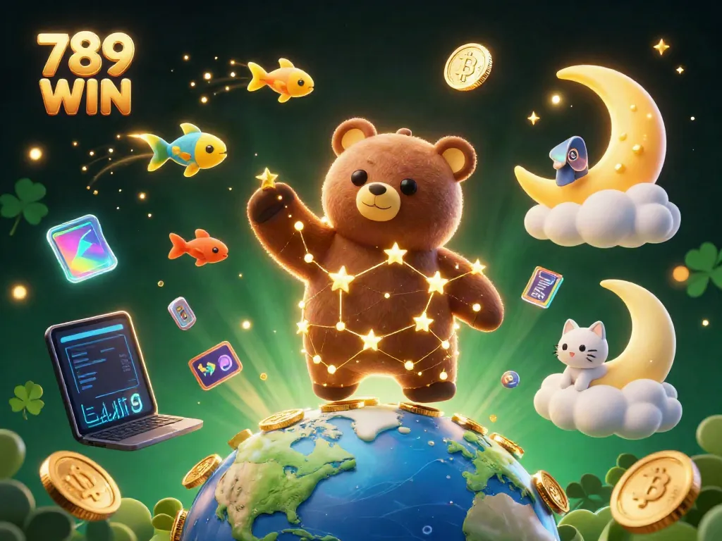 Experience thrilling gaming with 789 WIN as the constellation bear collects rewards in a vibrant cosmic scene.