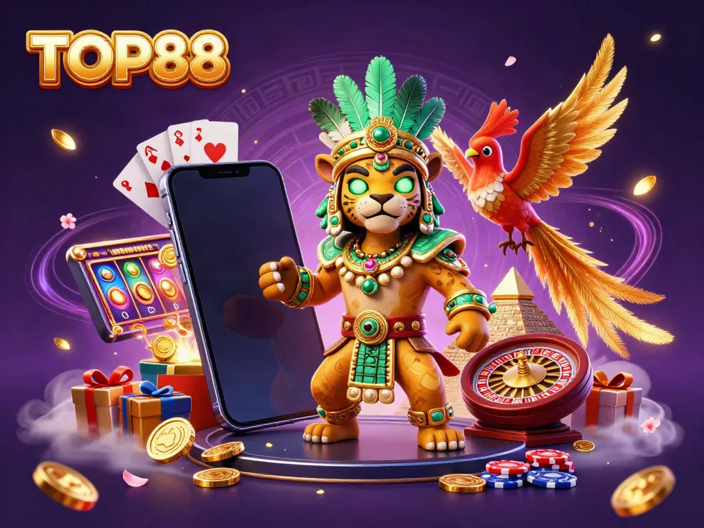 Experience exciting gameplay with TOP88's vibrant casino illustration featuring Mayan elements.