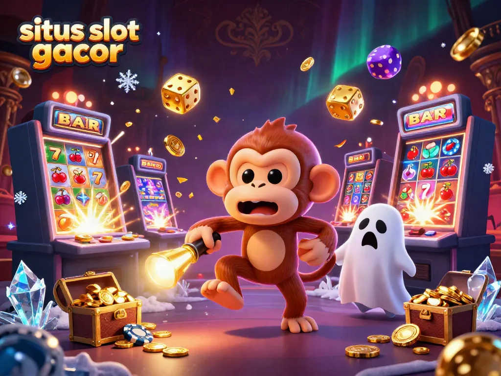 Engaging situs slot gacor scene featuring mischievous poltergeist monkey and ghost-hunter puppy in a lively casino.
