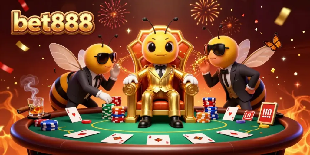 Experience the thrill of bet888 with vibrant casino characters and rich gaming elements in this dynamic 3D scene.