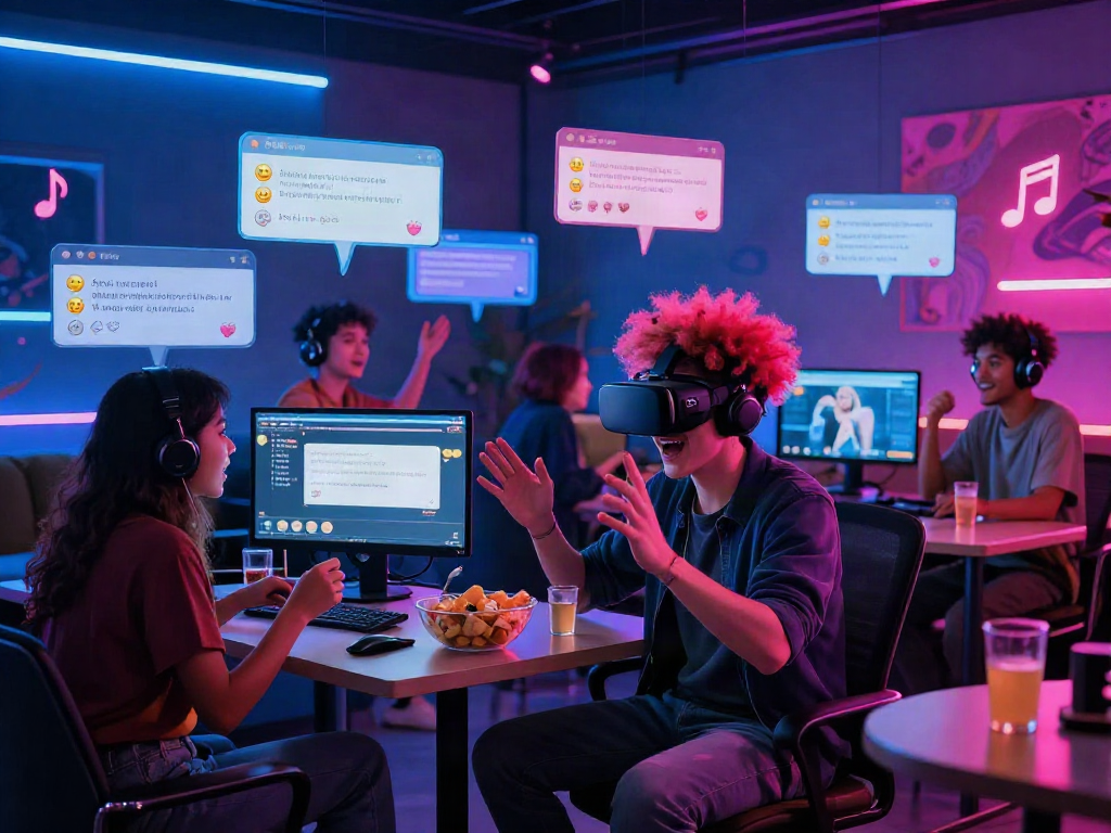 Engaging nsfw chat scene with diverse individuals in a vibrant virtual environment filled with emoticons and playful interaction.