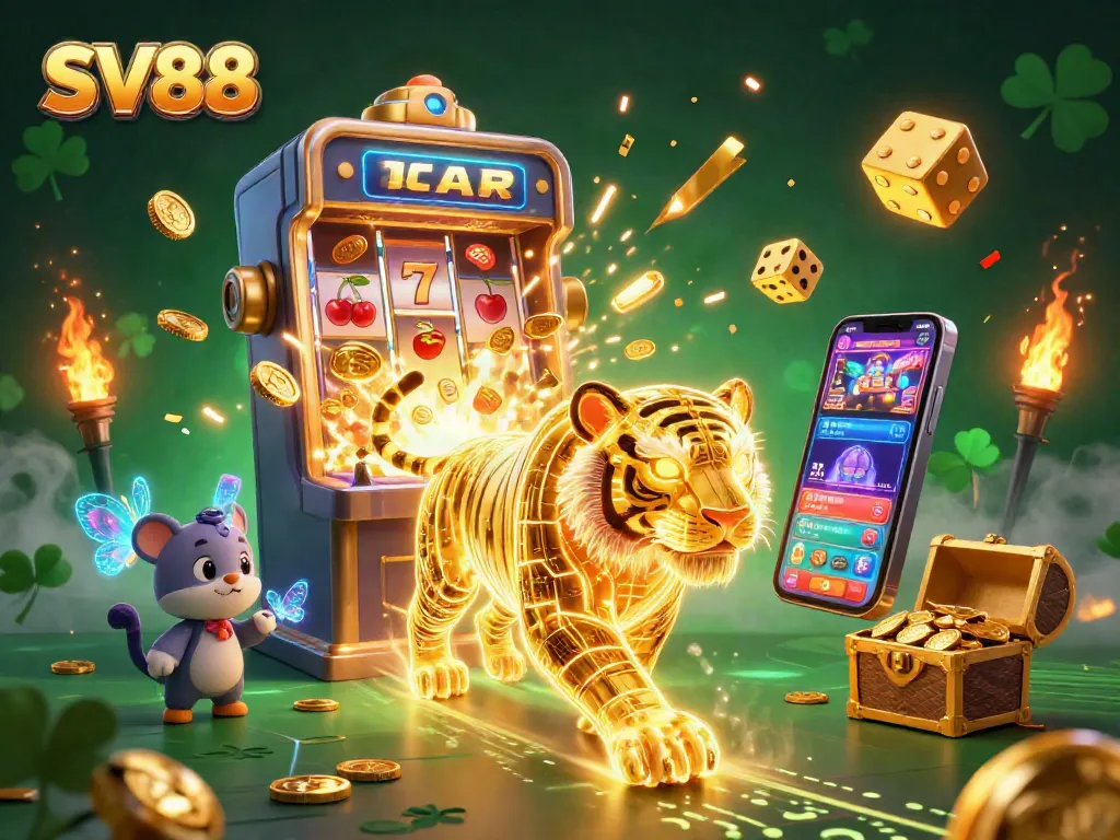 Experience the excitement of SV88 with a dynamic casino adventure featuring a neon tiger and jackpot winnings