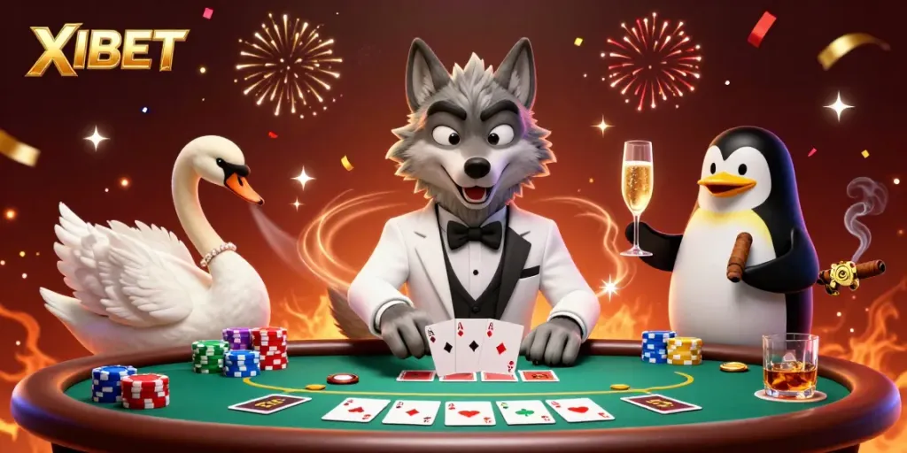 XIBET casino scene with a debonair wolf, elegant swan, and penguin in a vibrant baccarat game setting.