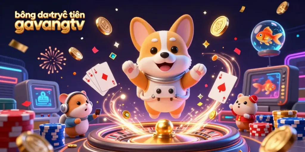 Bóng đá trực tuyến gavangtv showcases a playful space casino scene with a floating corgi and colorful game elements.