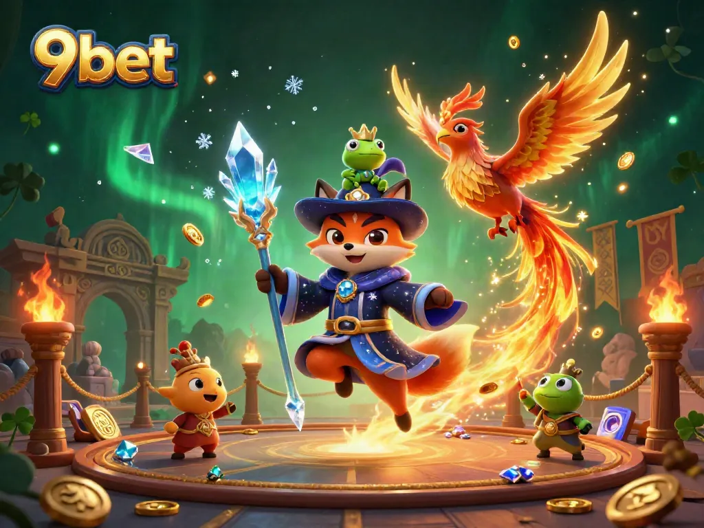 Win big at 9bet with a mystical fox wizard and phoenix in a vibrant casino scene.