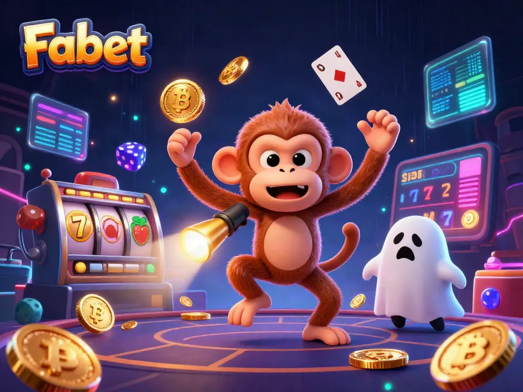 Fabet showcases a playful monkey juggling gold coins in a lively casino scene.