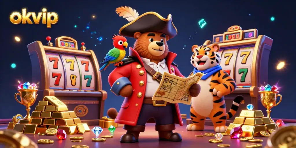 Engage in thrilling casino games with okvip, featuring lively characters in a vibrant setting.