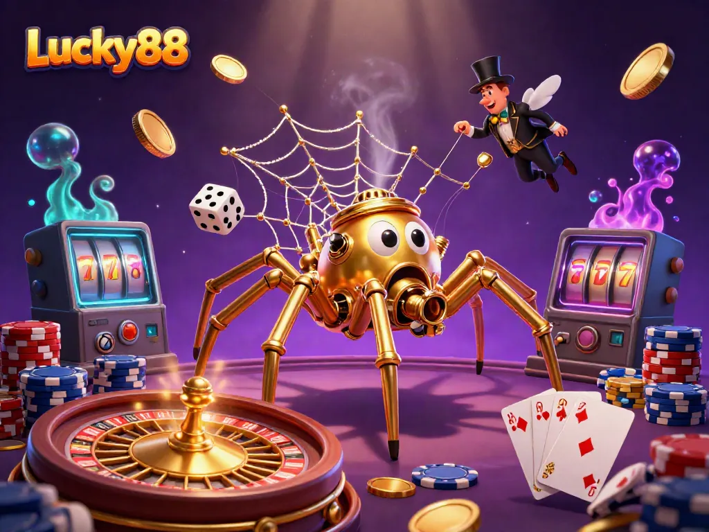 Experience Lucky88's dynamic casino scene with a steampunk spider, gold coins, and roulette.
