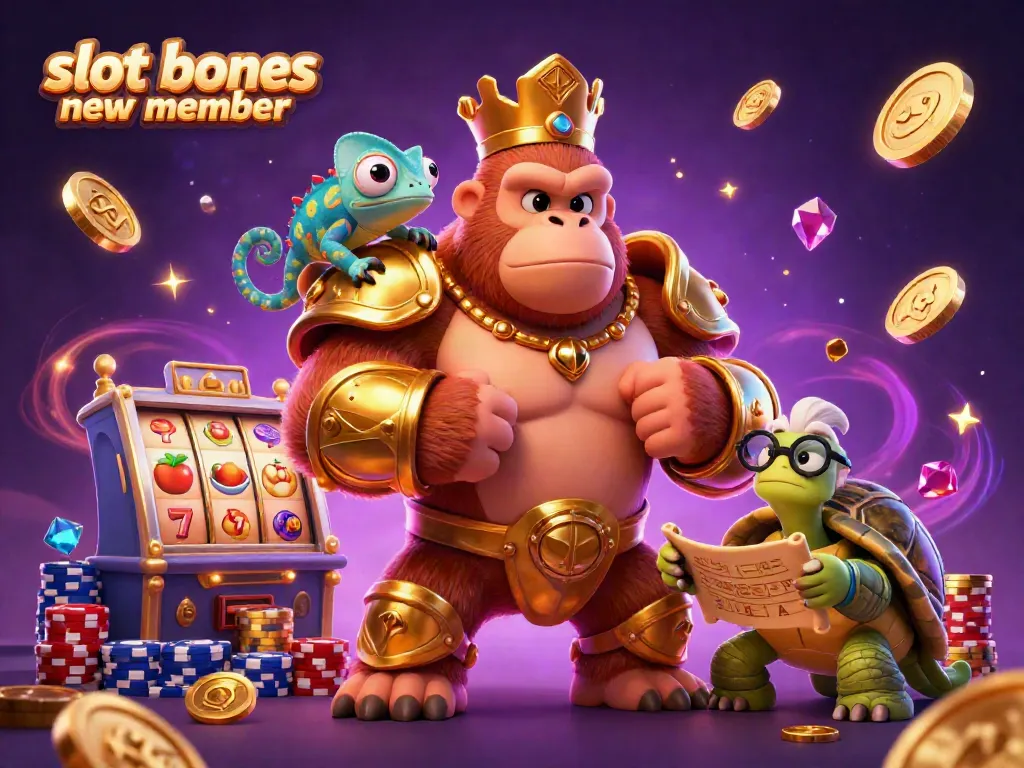 Engage with the exciting slot bonus new member scene featuring a gorilla king, chameleon spy, and tortoise elder surrounded by coins, gems, and slot reels.
